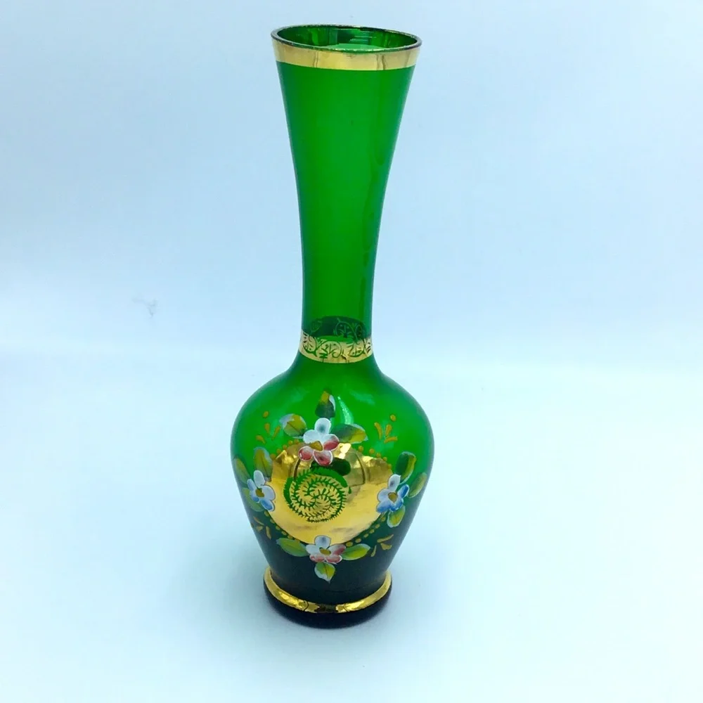 Green Art Glass Floral and Gold Trim Vase